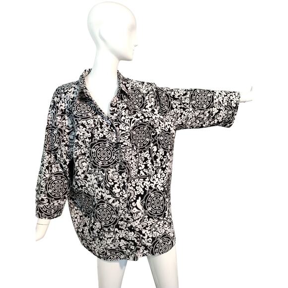 Fred David Women's size 2X Medallion Floral Artsy ¾ Sleeve Button Up Casual Top - Picture 5 of 12